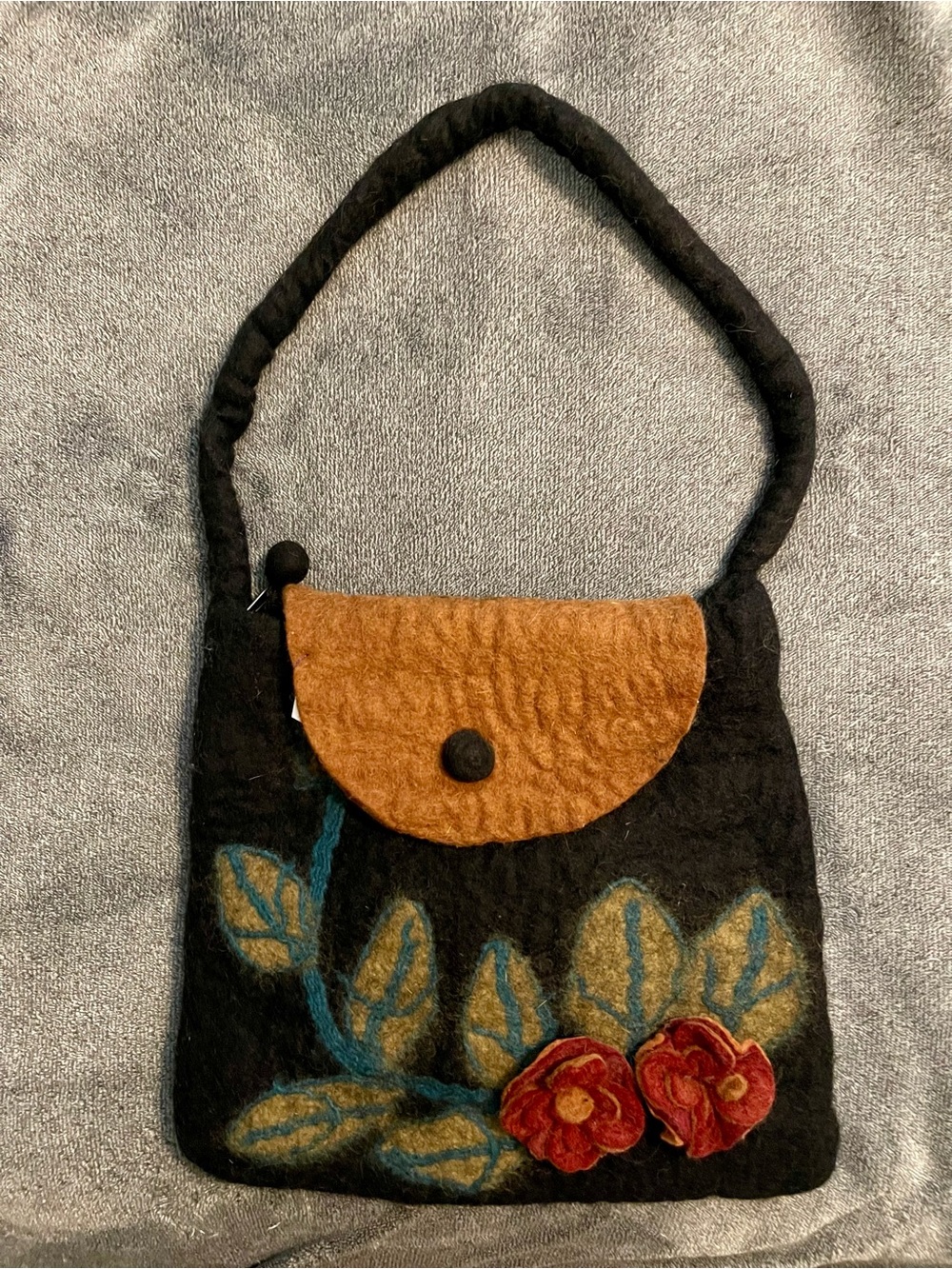 Handcrafted Black Boiled Wool Shoulder Bag with Brown Flap and Floral Appliquรฉ